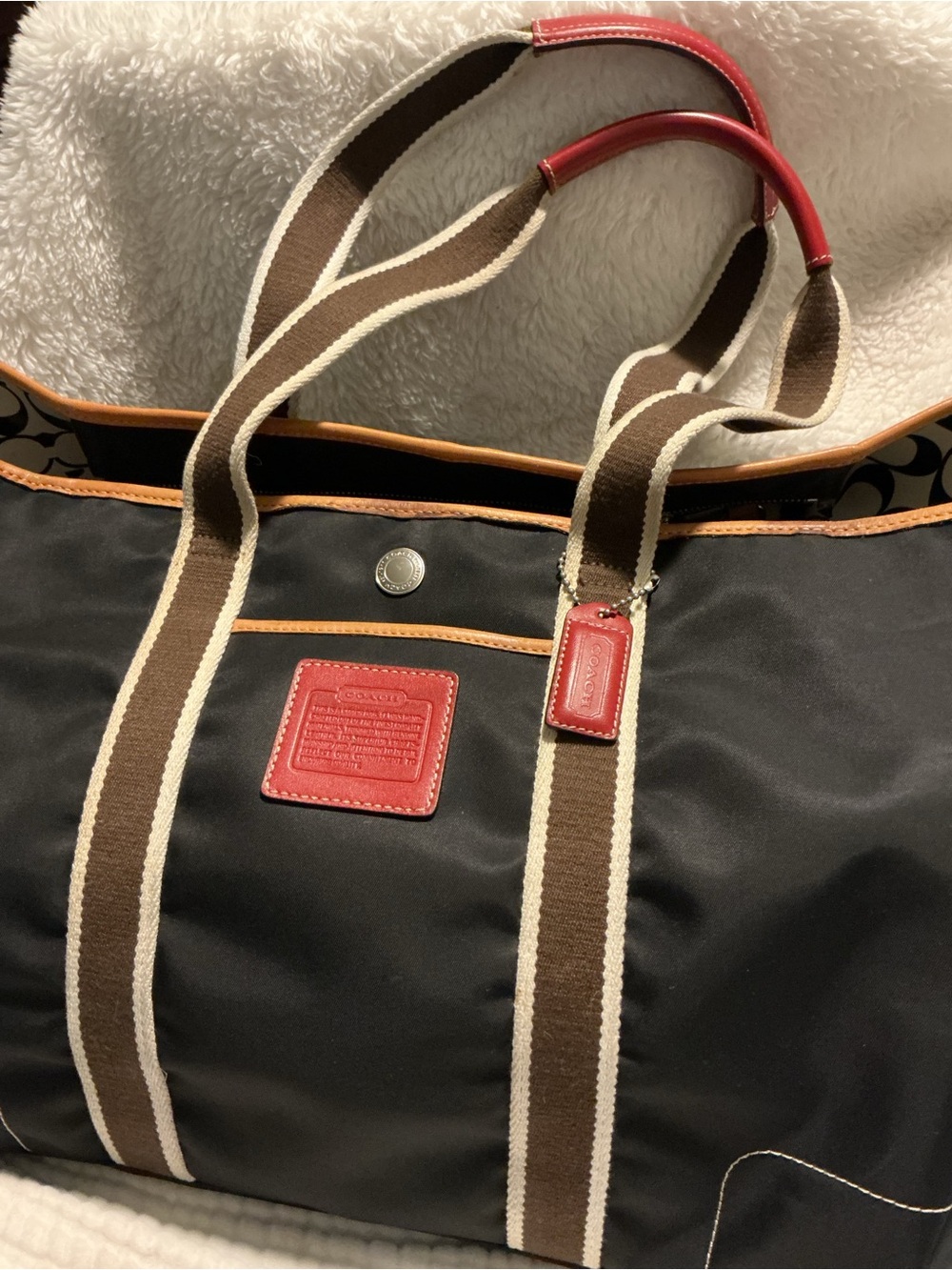 COACH Vintage Hamptons Weekend Black Nylon Tote with Red Leather Trim 16x11x7